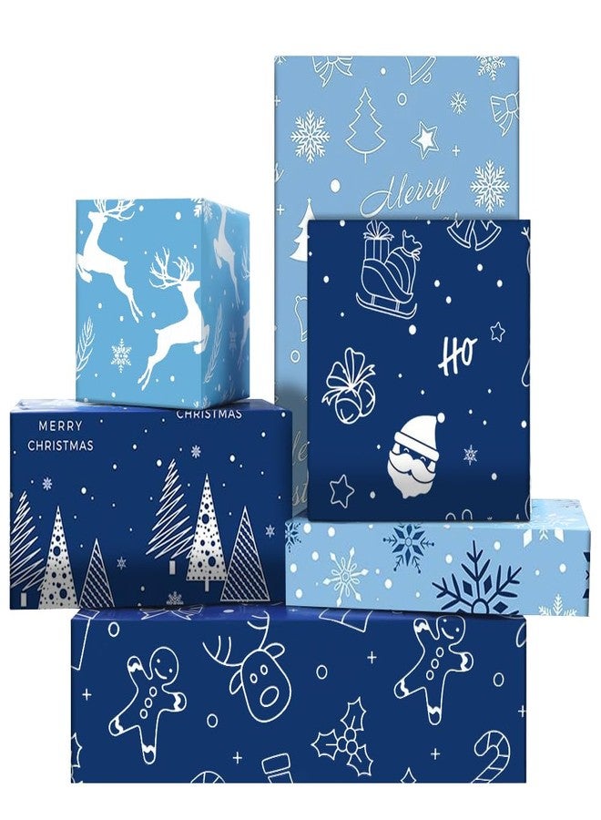 Geluode Blue Christmas Wrapping Paper for Boys Girls Kids, Snowman Snowflakes Xmas Tree Deer Gift Wrap Paper 6 Sheets Folded Flat 20x28 inches per Sheet for New Year Xmas Winter Holiday - Image 1